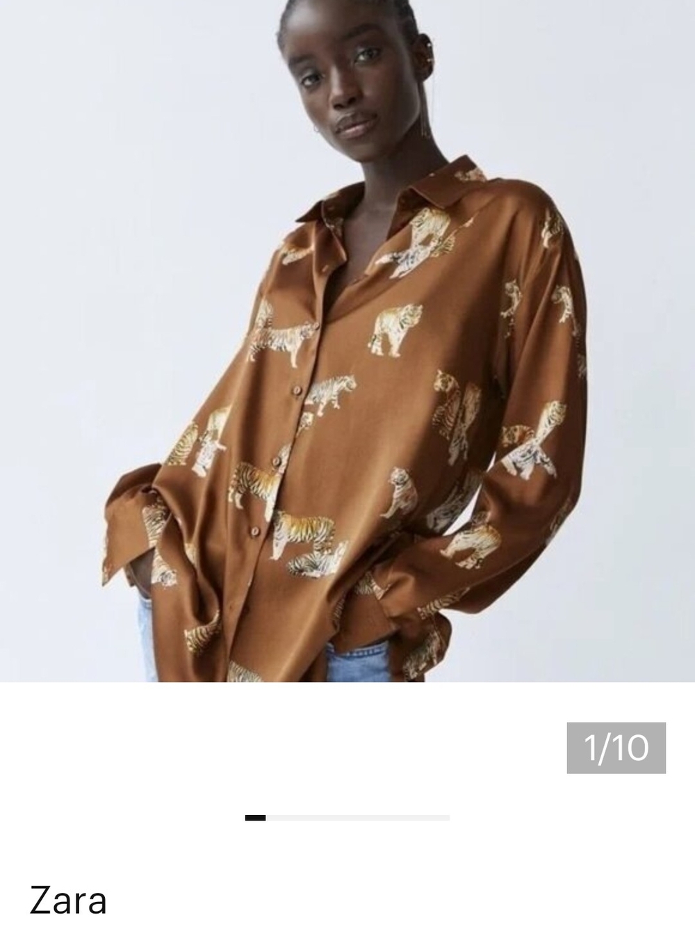 Zara Brown Tiger Print Satin Button-Up Shirt Small
